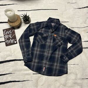 Dixxon navy/gray/orange flannel button down size Small